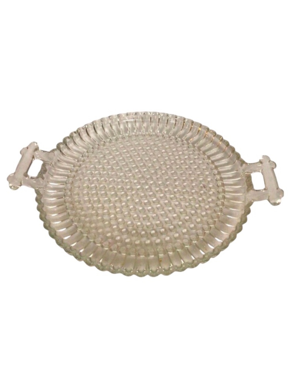 Vintage Jeanette Glass Co Round Hobnail Serving Tray with handles.